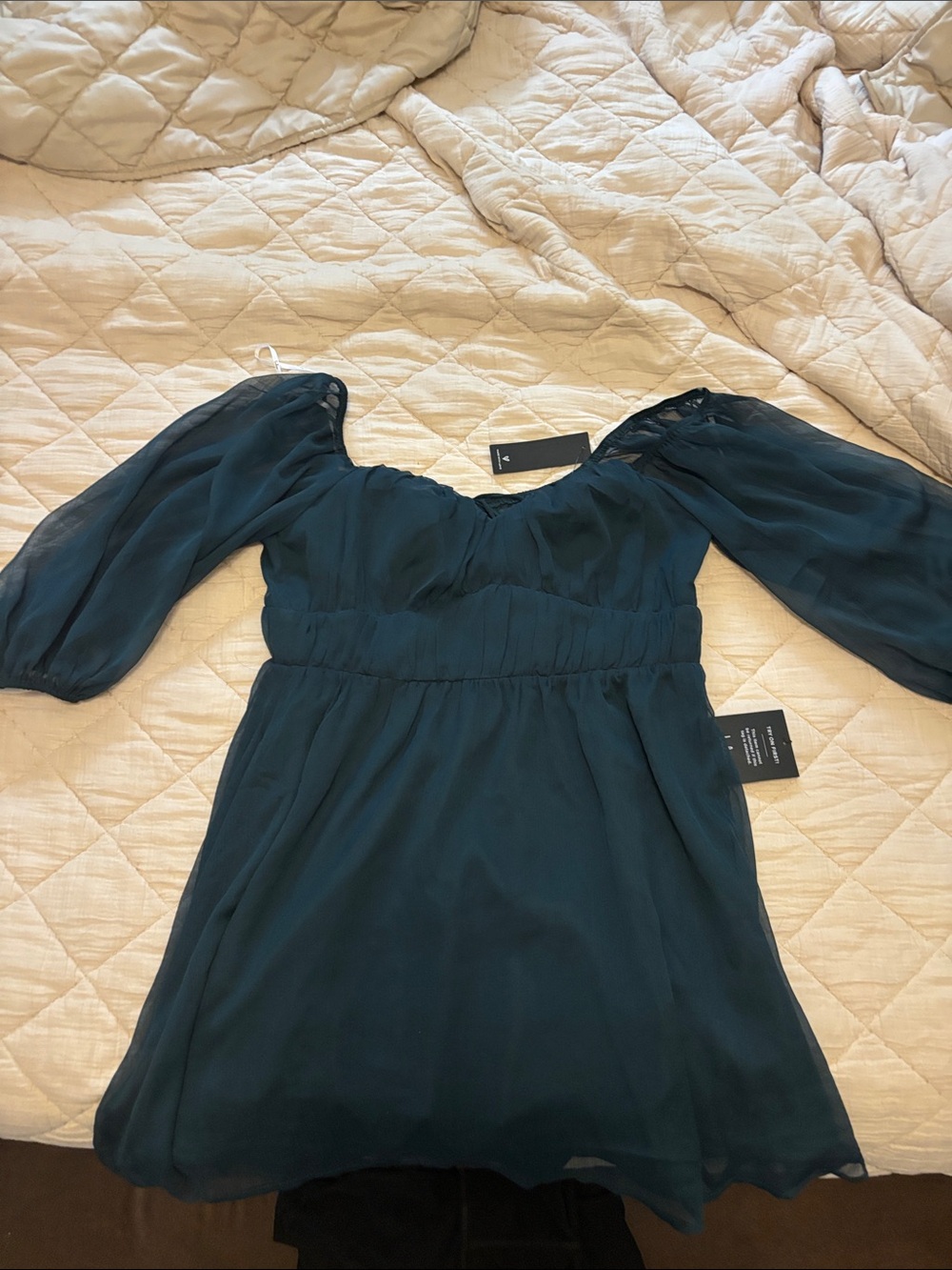 Lulu's Teal Off-Shoulder Puff Sleeve Mini Dress